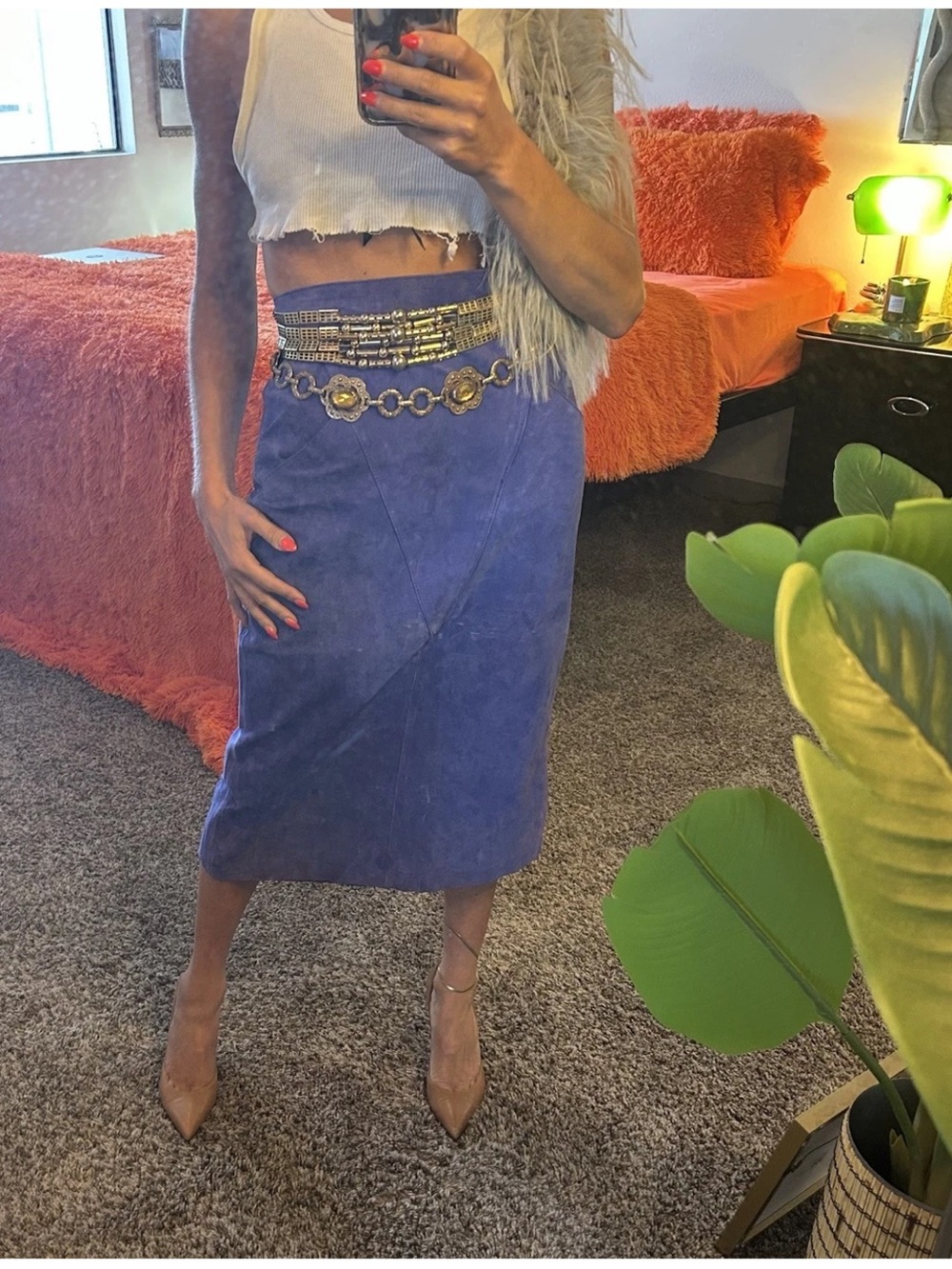 Vintage WINLIT Periwinkle Purple Suede Leather Midi Skirt Korea High Waist 7/8 - Picture 14 of 15
